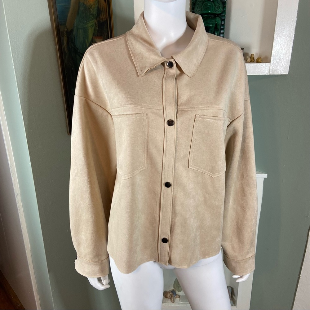 Fabrik Tan Faux Suede Microfiber Shacket Utility Jacket Shirt Large L Collared